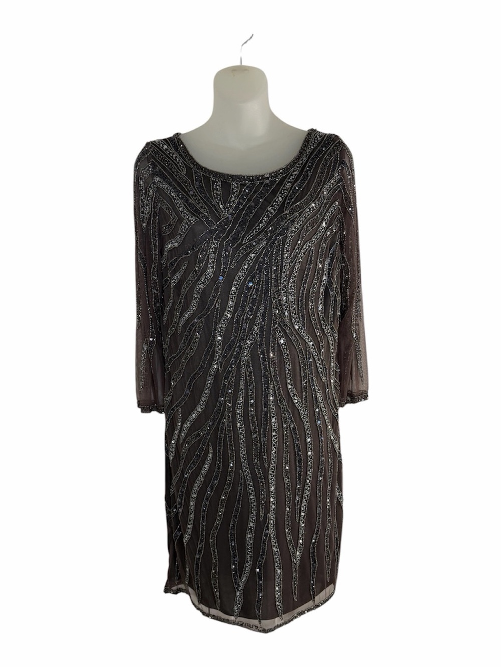 J Kara Taupe Silver Beaded Art Deco Dress Size 12 Formal Mother of the Bride